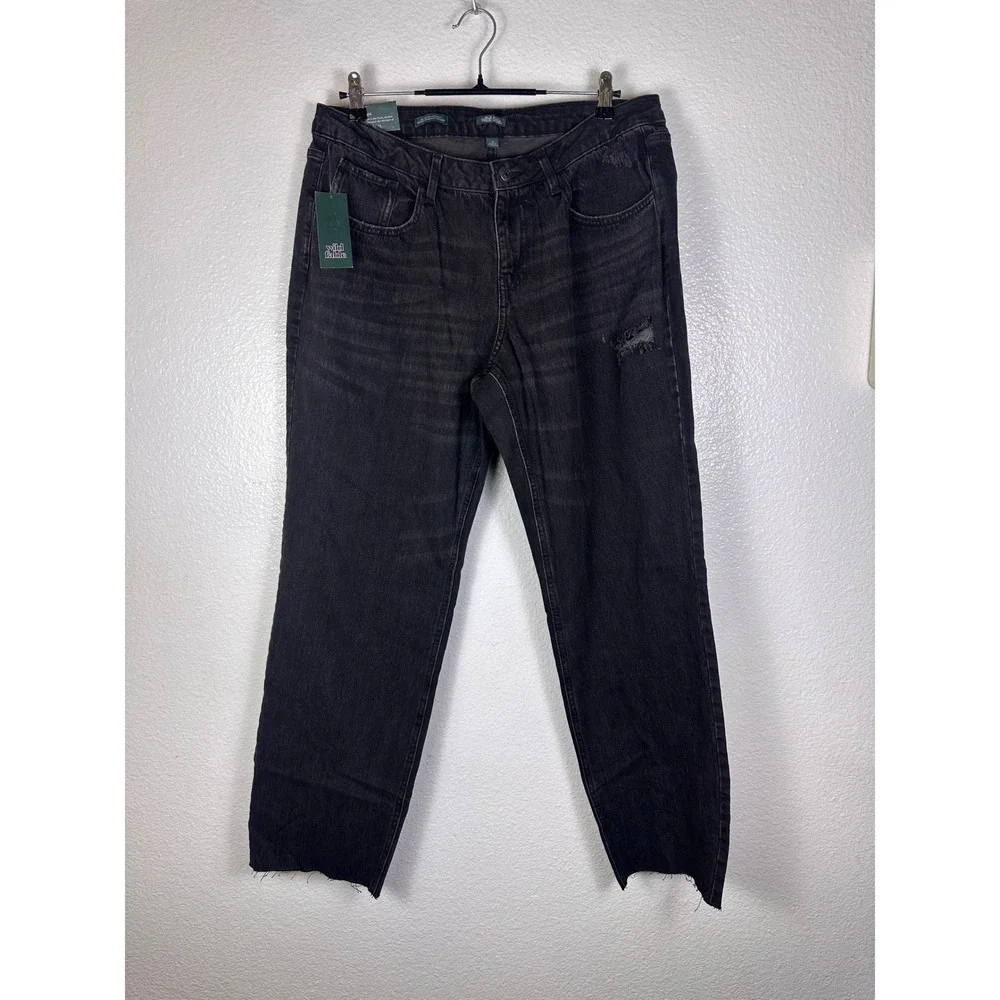 Wild Fable Womens Mid Rise Curvy Straight Jeans Black Distressed Raw Hem Size 14